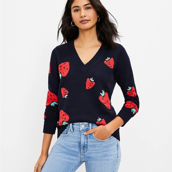 LOFT Strawberry V-Neck Sweater in Navy Blue Size X-Small - Picture 3 of 10